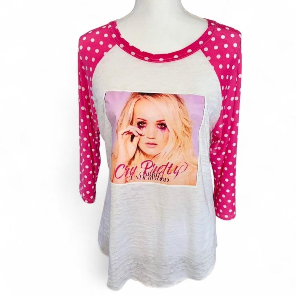 UPCYCLED CARRIE UNDERWOOD HOT PINK POLKA DOT JERSEY BAND SHIRT LADIES LARGE